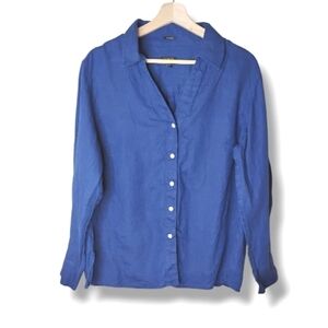 Talbots Irish Linen Button-Down Shirt Size 14W Royal Blue Classic Relaxed Fit